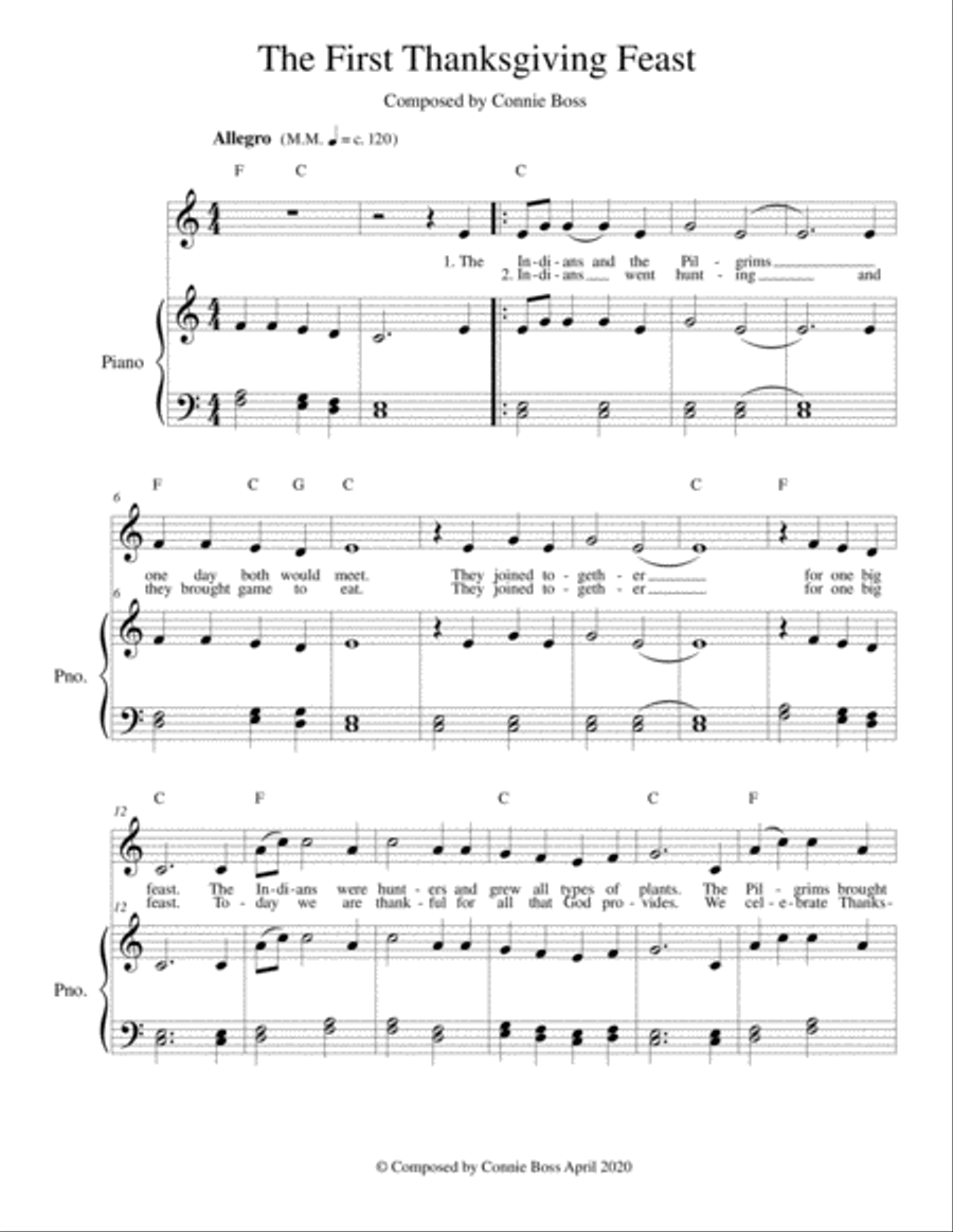 The First Thanksgiving Feast - kids song - solo and piano Piano, Vocal, Guitar scores gallery preview page 1