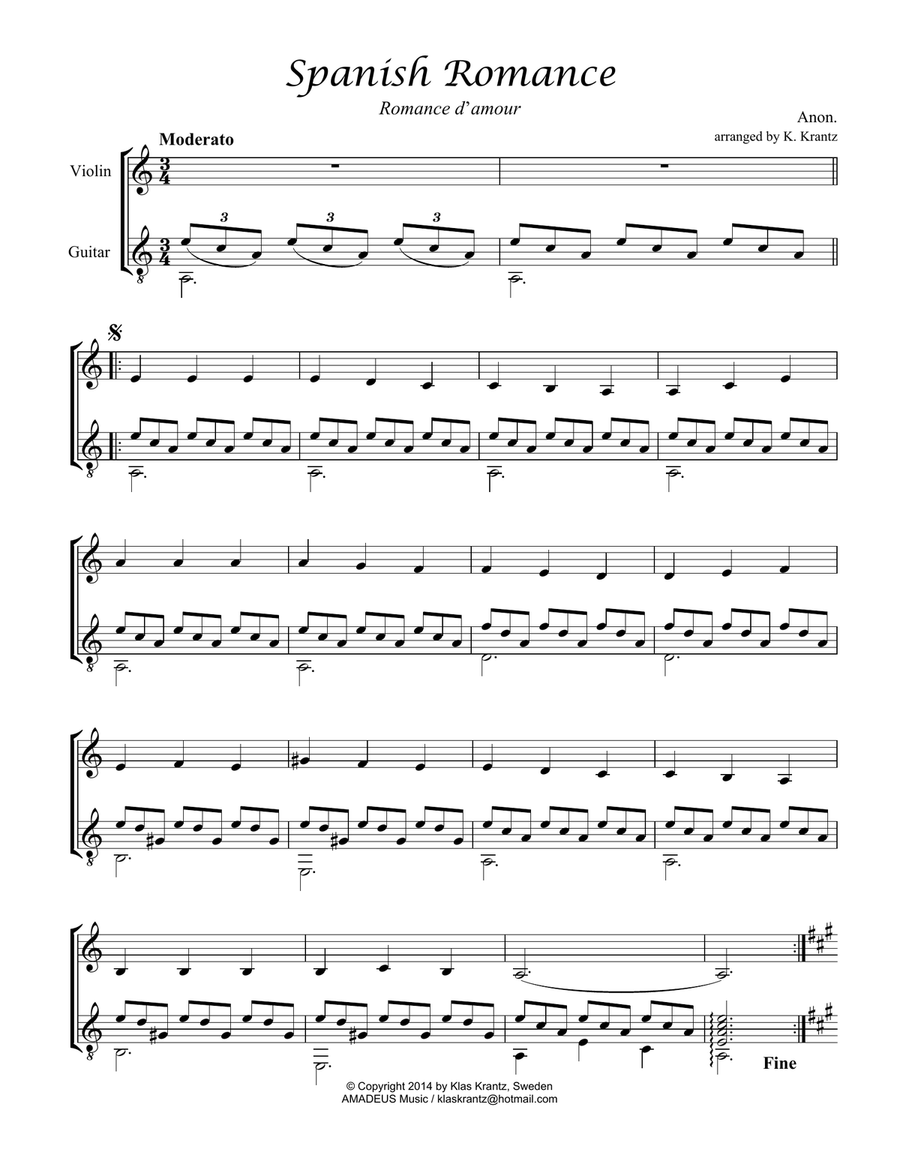 Spanish Romance, Romanza for violin and guitar (A Minor) String Duet scores gallery preview page 1