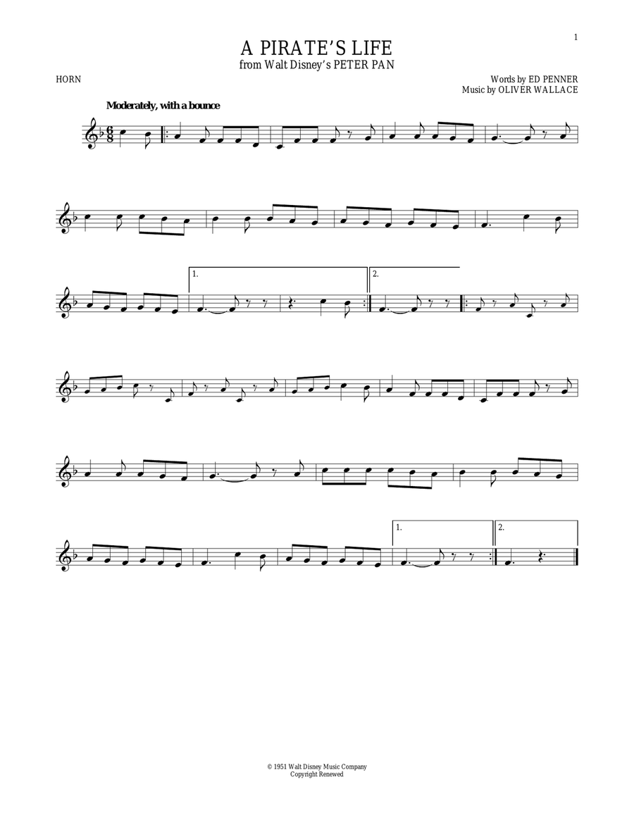 A Pirate's Life (from Peter Pan) Horn Solo scores gallery preview page 1