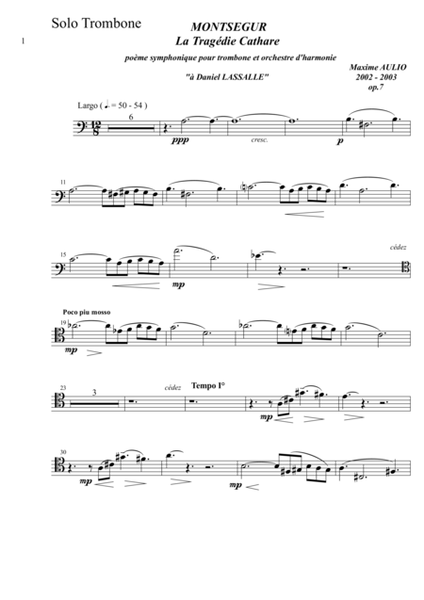 Montsegur, The Cathar Tragedy, symphonic poem for solo trombone and orchestra - set of parts - solo trombone and text with its harp accompaniment