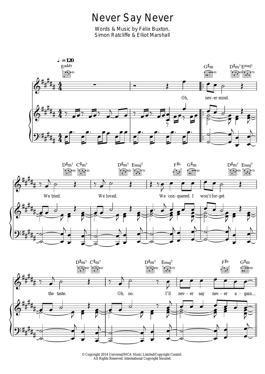 Never Say Never Piano, Vocal, Guitar scores gallery preview page 1