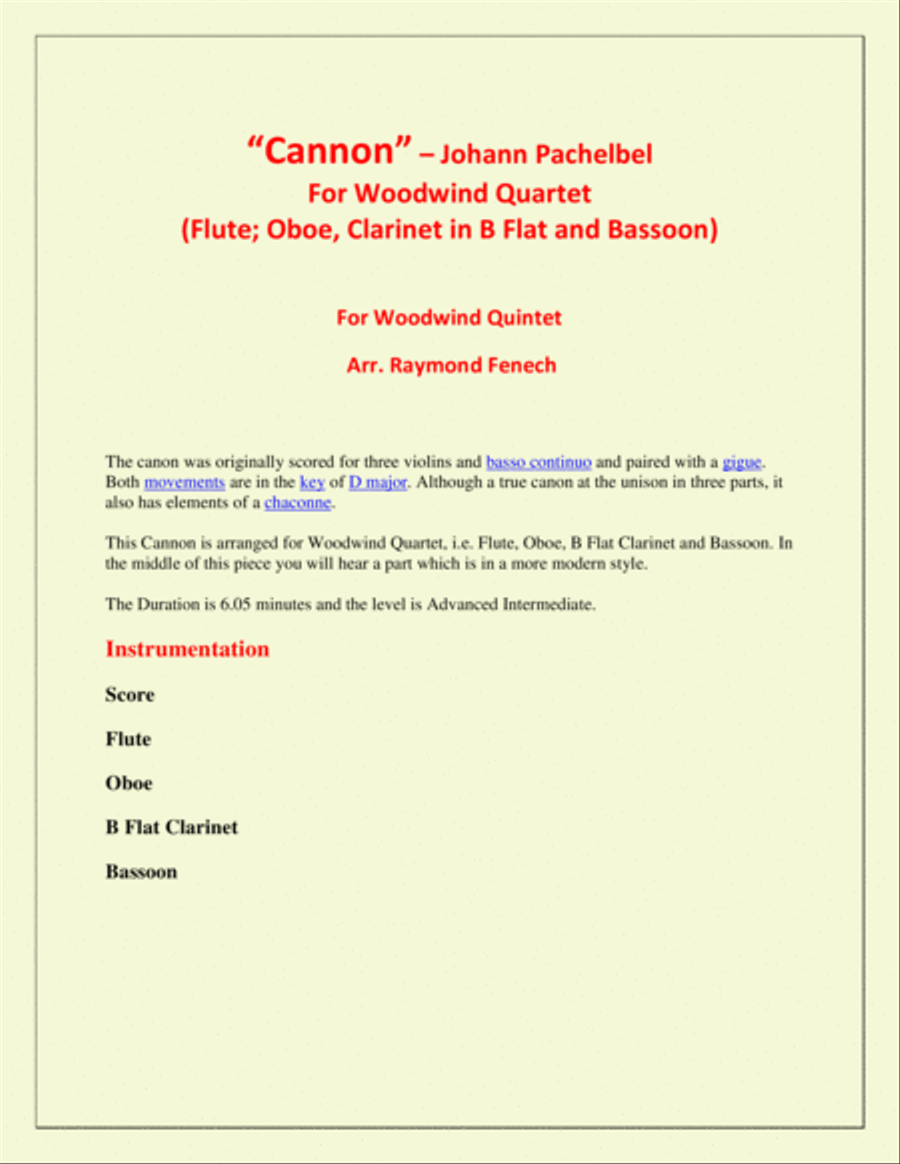 Canon - Pachebel (Oboe; Flute; B Flat Clarinet and Bassoon) Woodwind Quartet - Advanced Intermediate Woodwind Quartet scores gallery preview page 2