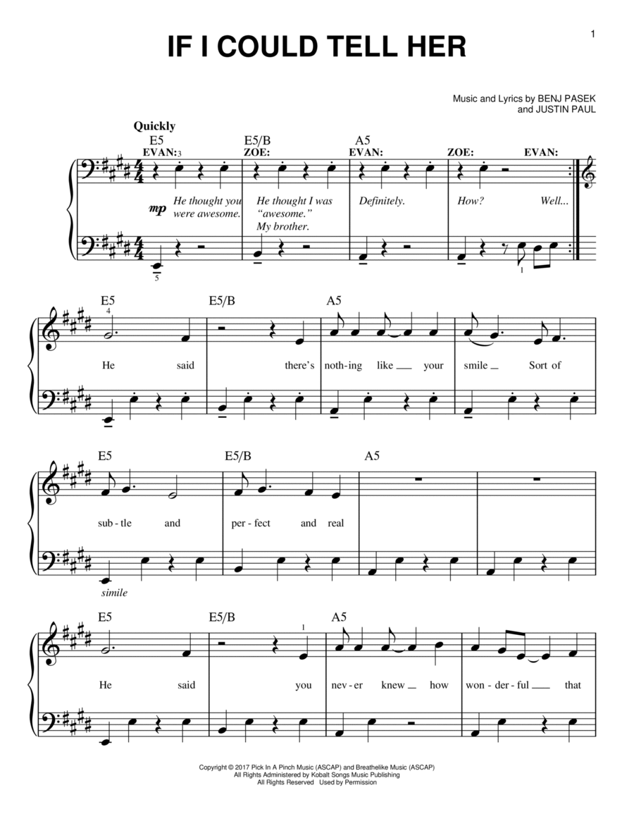 If I Could Tell Her (from Dear Evan Hansen) Easy Piano scores gallery preview page 1