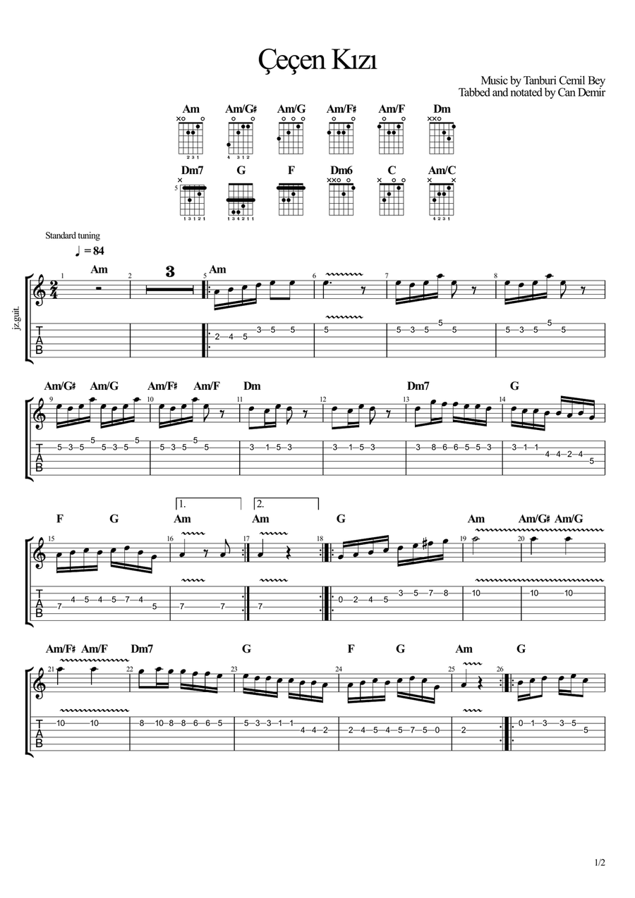Çeçen Kızı by Tanburi Cemil Bey (guitar tablature and score) Acoustic Guitar scores gallery preview page 1