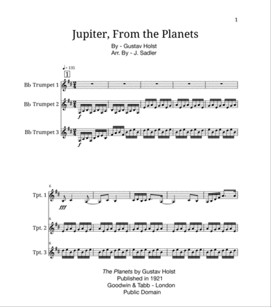 Jupiter, From the Planets Brass Ensemble scores gallery preview page 1