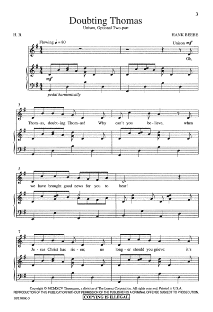 Doubting Thomas Unison Choir scores gallery preview page 3