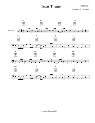 Tetris theme for Easy Bassoon with chords