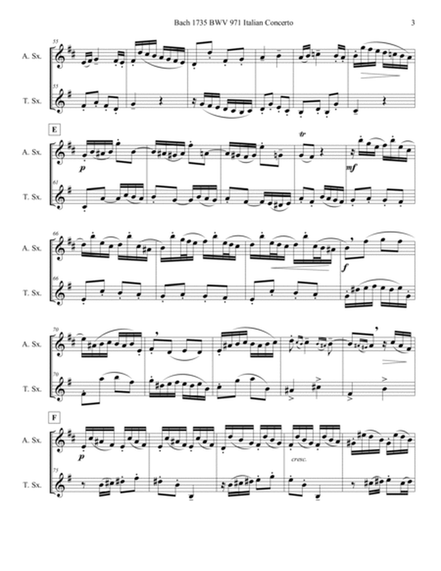Bach 1735 BWV 971 Italian Concerto Alto and Tenor Sax Duet Parts and Score