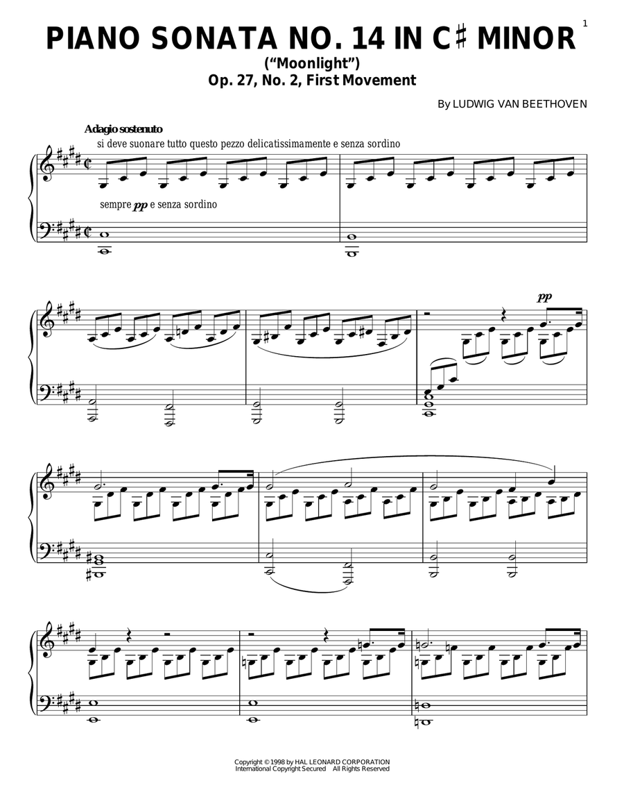 Piano Sonata In C Sharp Minor, Op. 27, No. 2, First Movement (Moonlight) Piano Solo scores gallery preview page 1