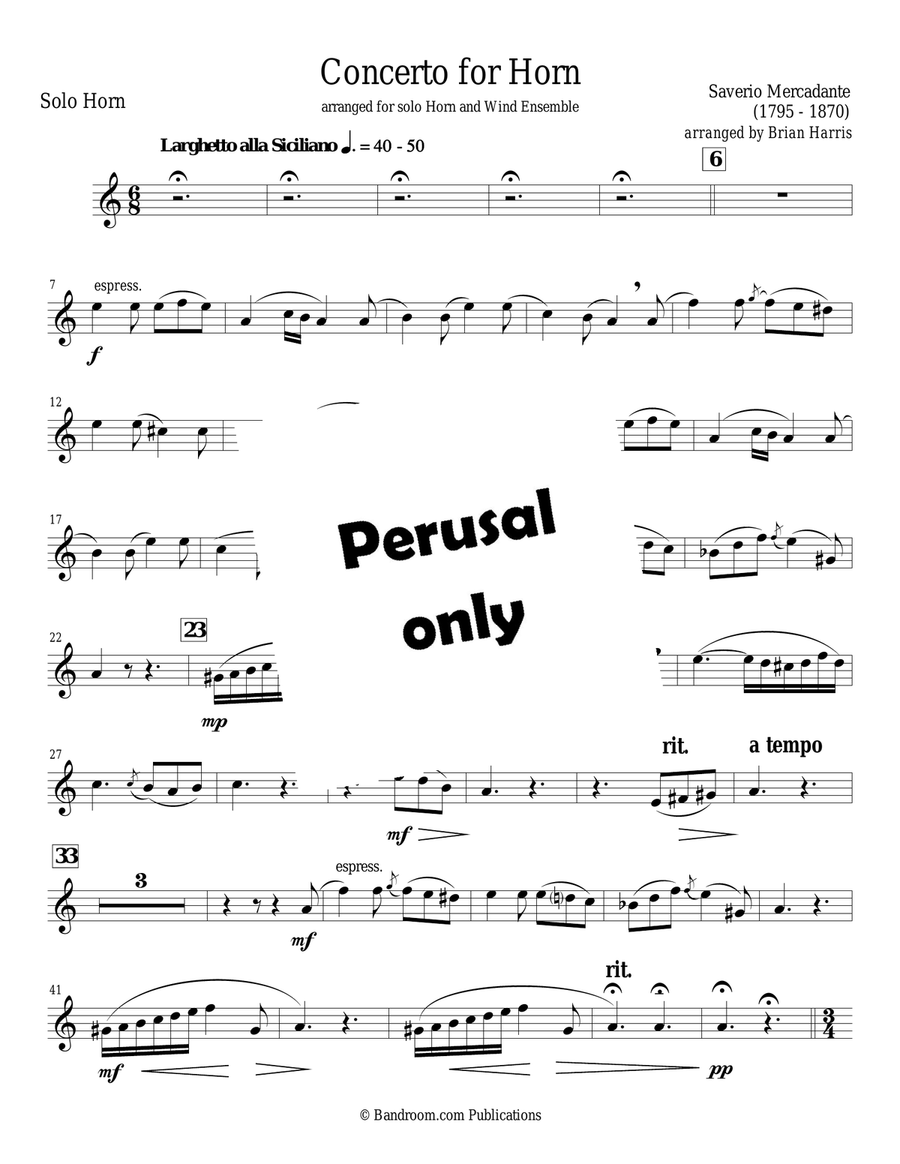 CONCERTO FOR HORN - S. R. Mercadante - solo Horn part only (full band accomp. available separately) Concert Band scores gallery preview page 1