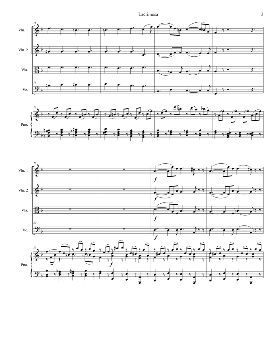 Lacrimosa (String Quartet and Piano) String Quartet scores gallery preview page 3