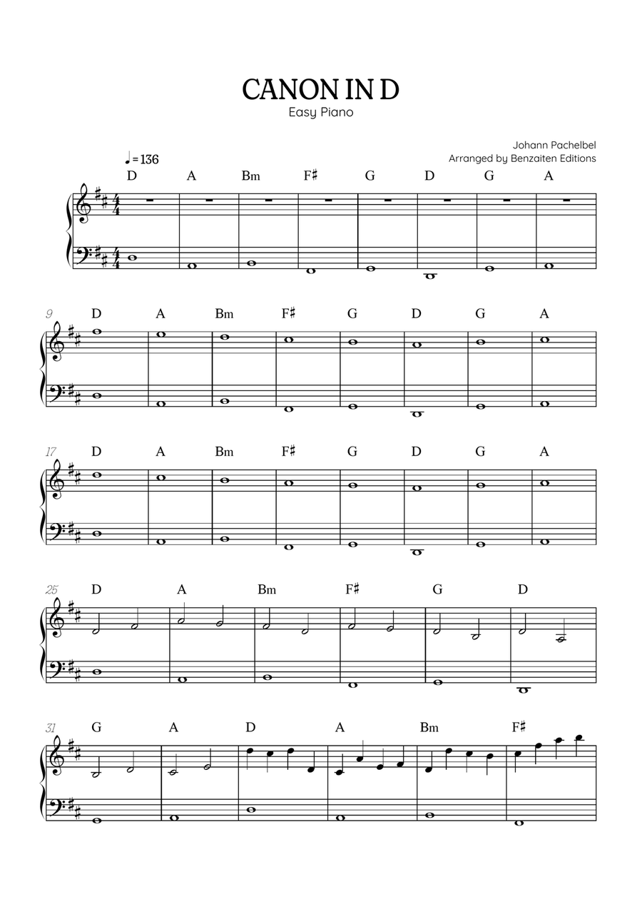 Pachelbel Canon in D • easy piano sheet music with chords Easy Piano scores gallery preview page 1