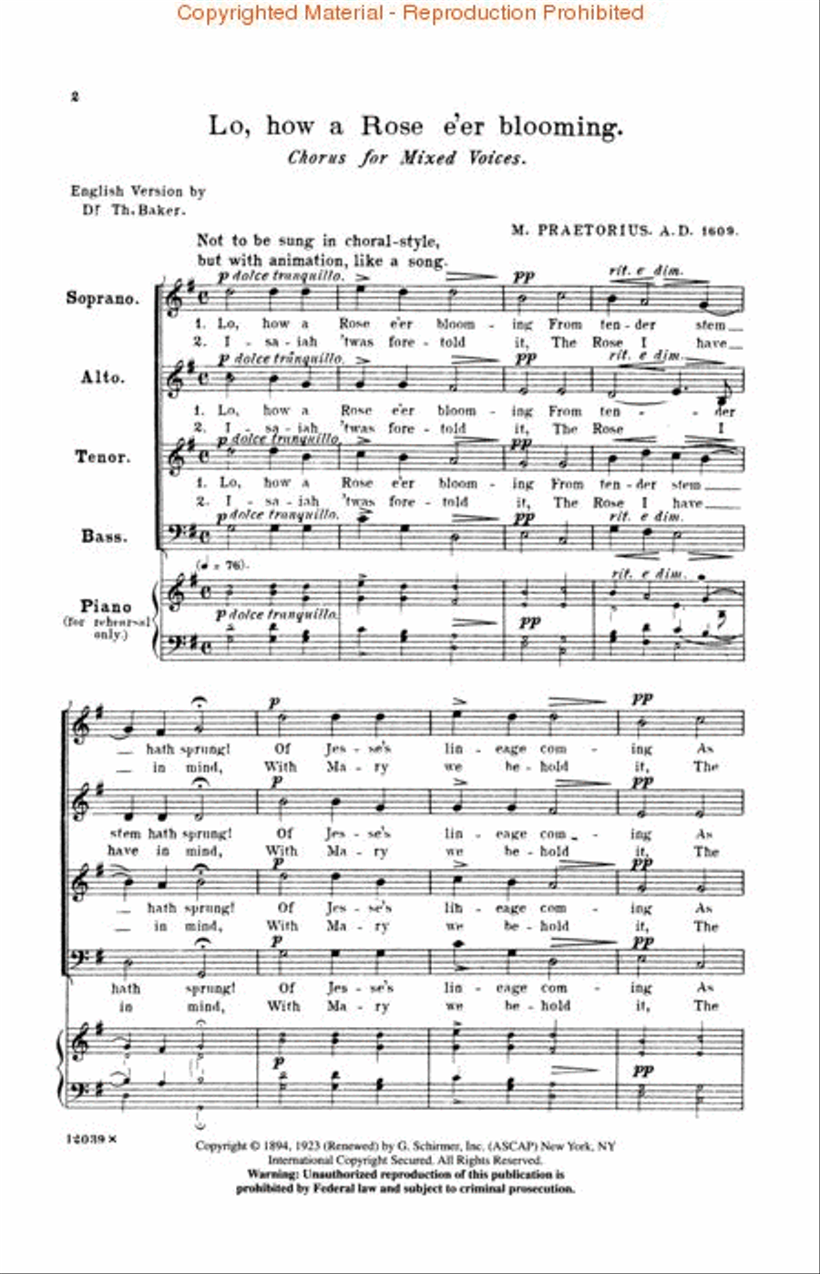 Lo How A Rose E'er Blooming A Cappella 4-Part scores gallery preview page 2