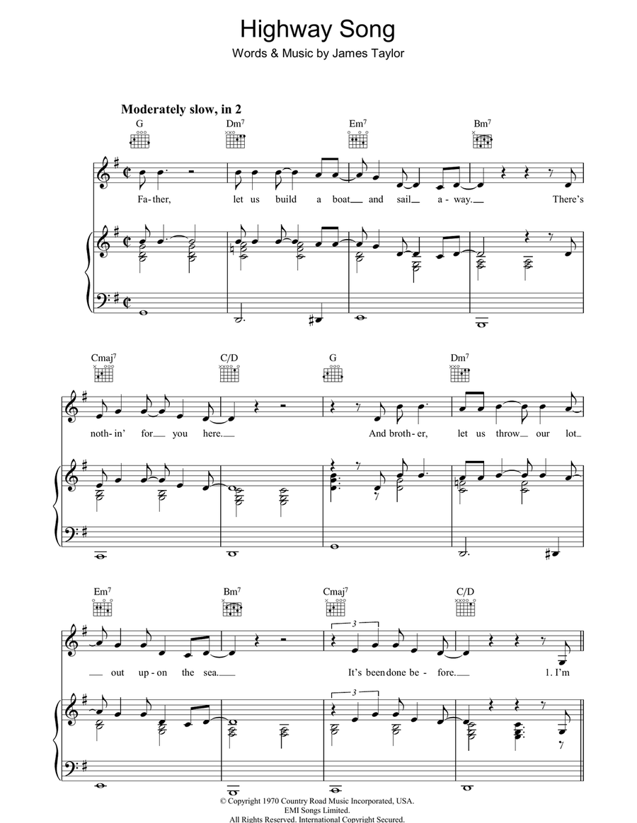 Highway Song Piano, Vocal, Guitar scores gallery preview page 1