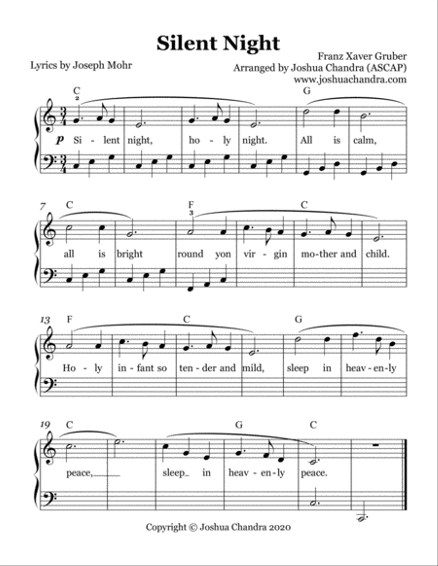 Silent Night Easy Piano w note write in by Franz Xaver Gruber