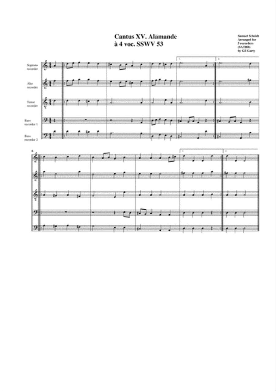 Alamande (Allemande) SSWV 53 (arrangement for 5 recorders) Recorder scores gallery preview page 1
