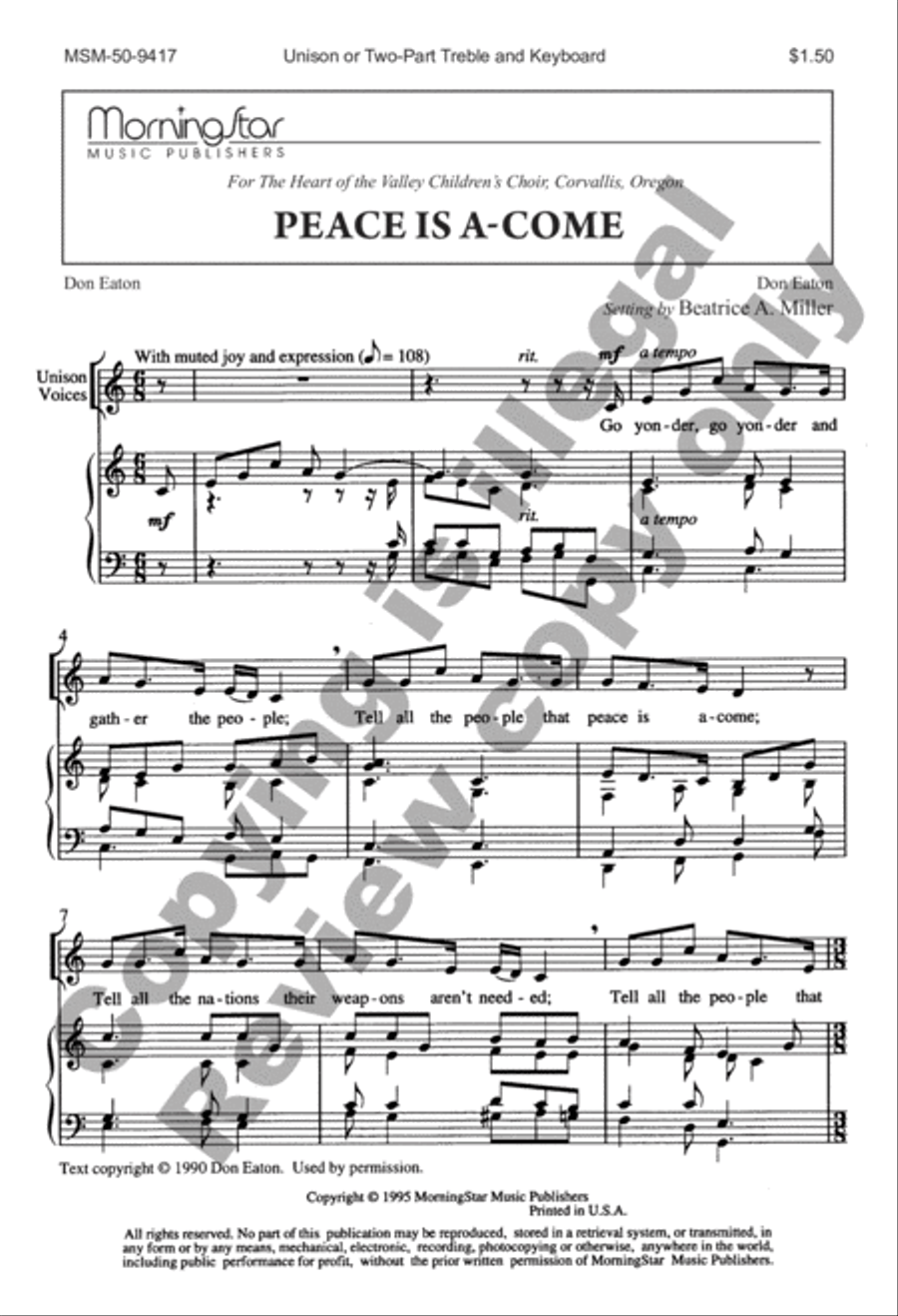 Peace Is A-Come Unison Choir scores gallery preview page 2