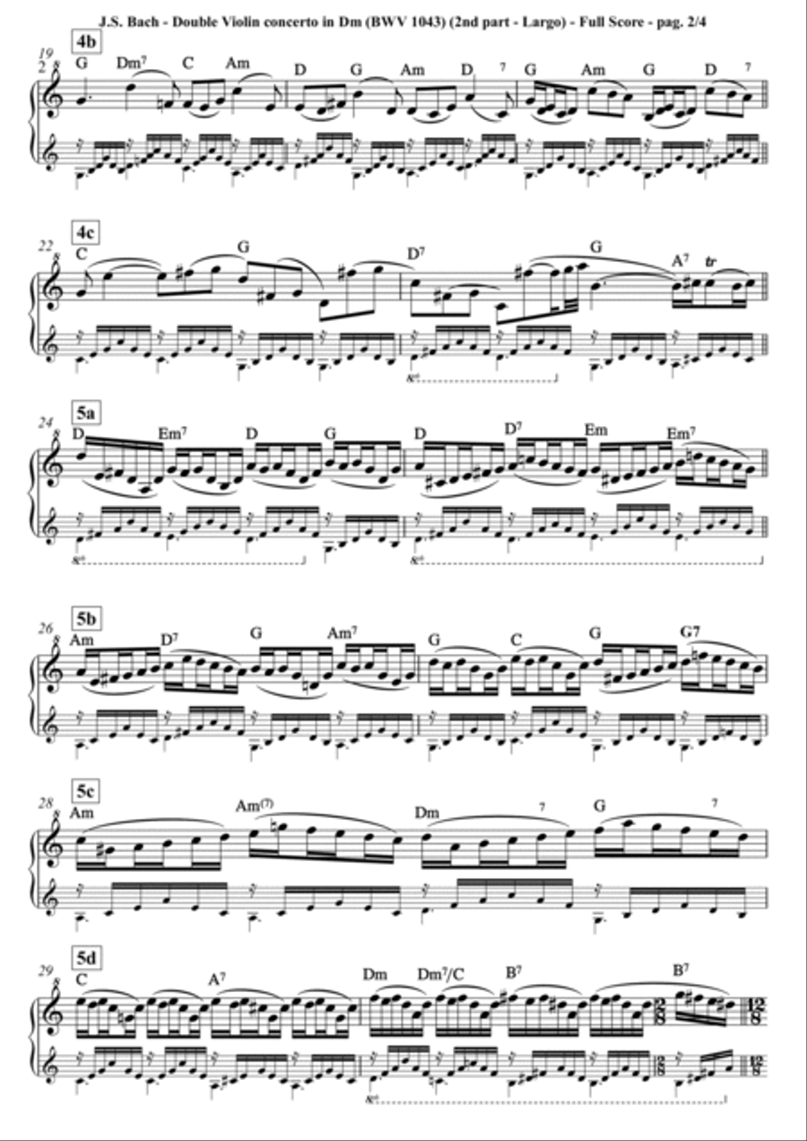Bach (J.S.) - Double Violin concerto in Dm (BWV 1043) - 2nd part (Largo) - arr. for G-clef piano/har Violin Solo scores gallery preview page 2