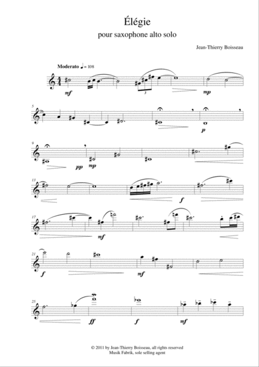 Jean-Thierry Boisseau: Élégie for solo alto saxophone Alto Saxophone scores gallery preview page 2