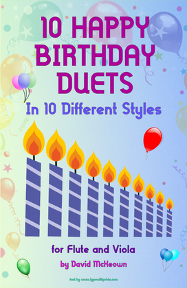 Book cover for 10 Happy Birthday Duets, (in 10 Different Styles), for Flute and Viola