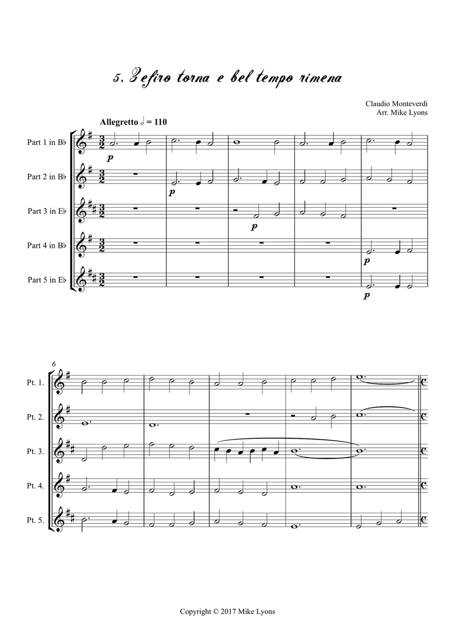 Monteverdi - The Sixth Book of Madrigals - 05. Zefiro torna e bel tempo rimena Brass Ensemble scores gallery preview page 3