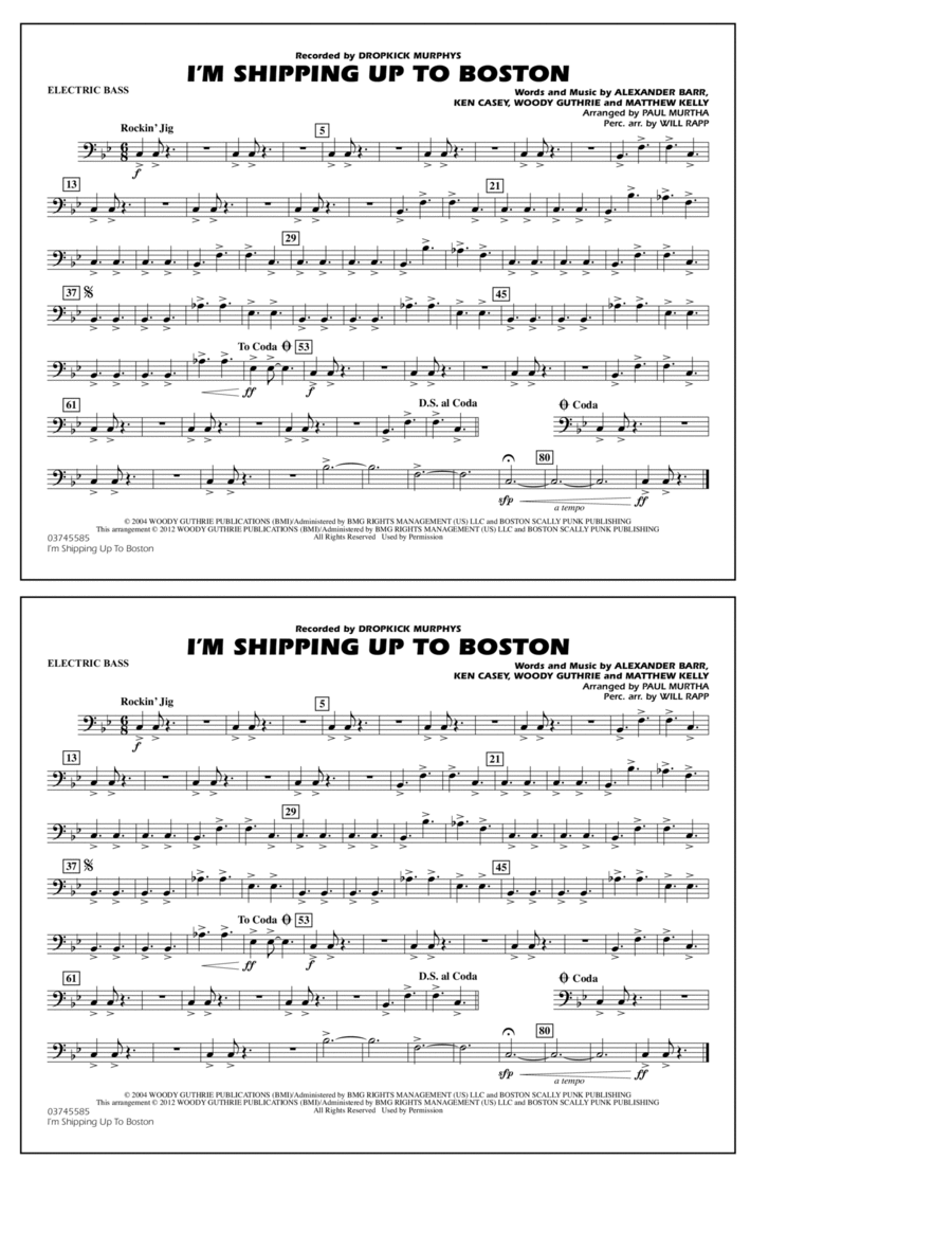 I'm Shipping Up To Boston - Electric Bass Marching Band scores gallery preview page 1