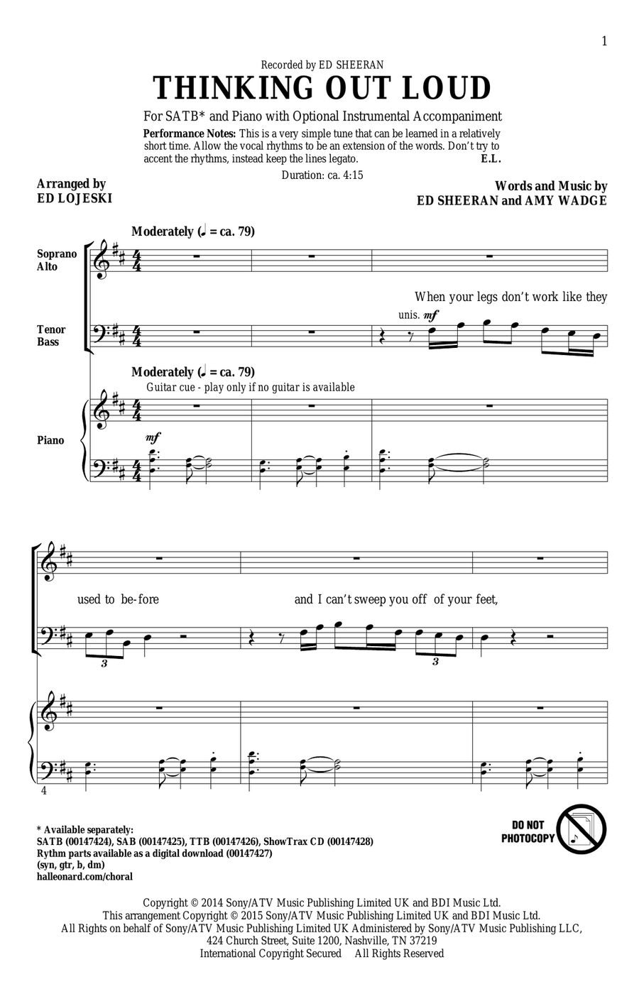 Thinking Out Loud (arr. Ed Lojeski) 4-Part scores gallery preview page 1