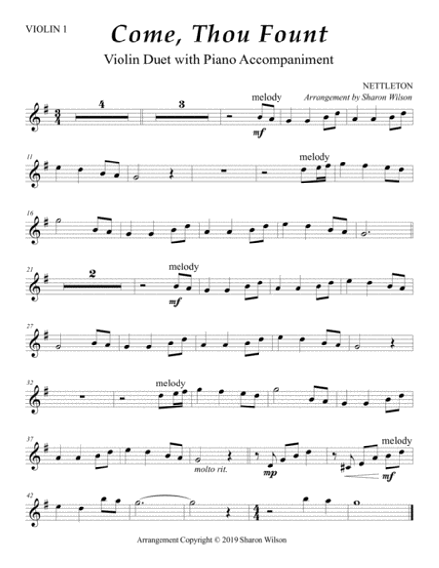 Come, Thou Fount of Every Blessing (Easy Violin Duet with Piano Accompaniment) String Duet scores gallery preview page 2