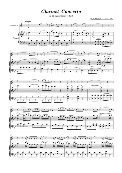 Concerto in A major K622 (in Bb) by Wolfgang Amadeus Mozart for clarinet and piano