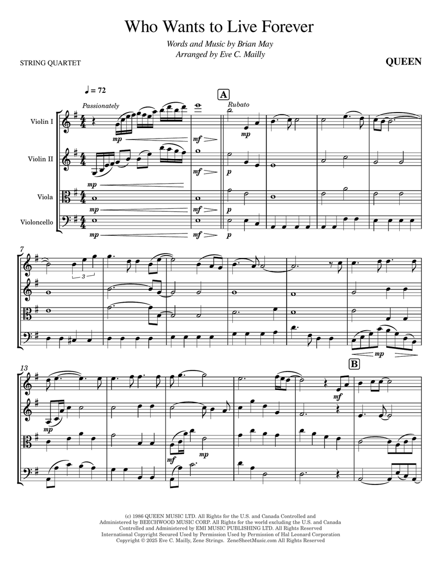 Who Wants To Live Forever String Quartet scores gallery preview page 1