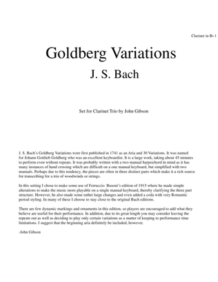 Book cover for J. S. Bach Goldberg Variations set for Clarinet Trio - PARTS