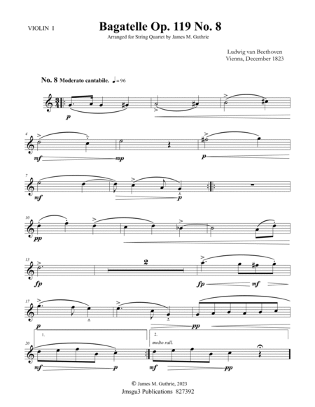 Beethoven: Bagatelle Op. 119 No. 8 for String Quartet image number null