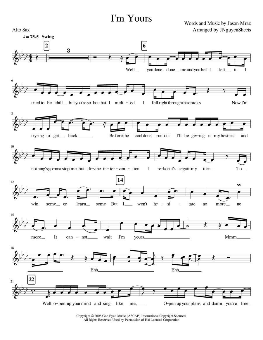 I'm Yours Alto Saxophone scores gallery preview page 1