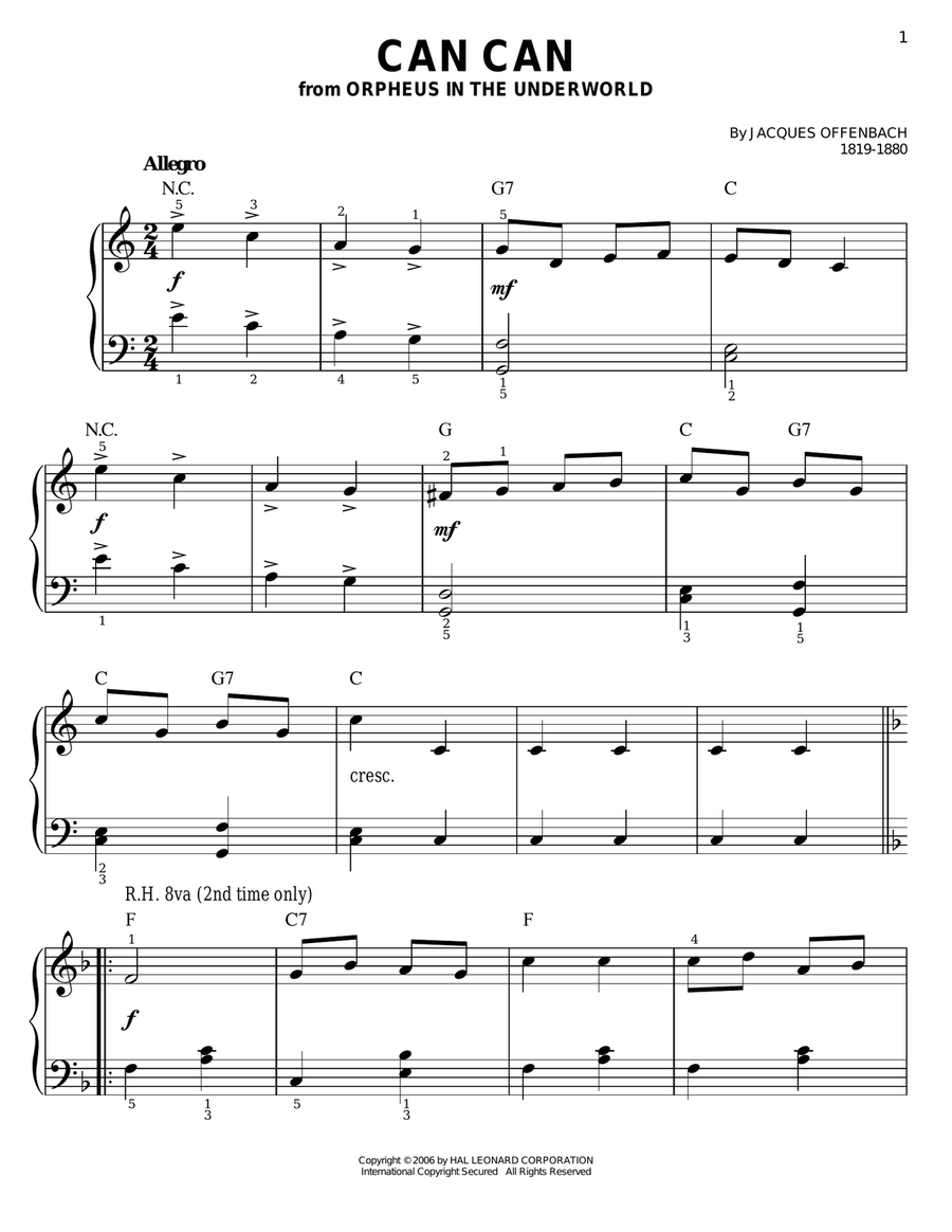Can Can by Jacques Offenbach Easy Piano Digital Sheet Music