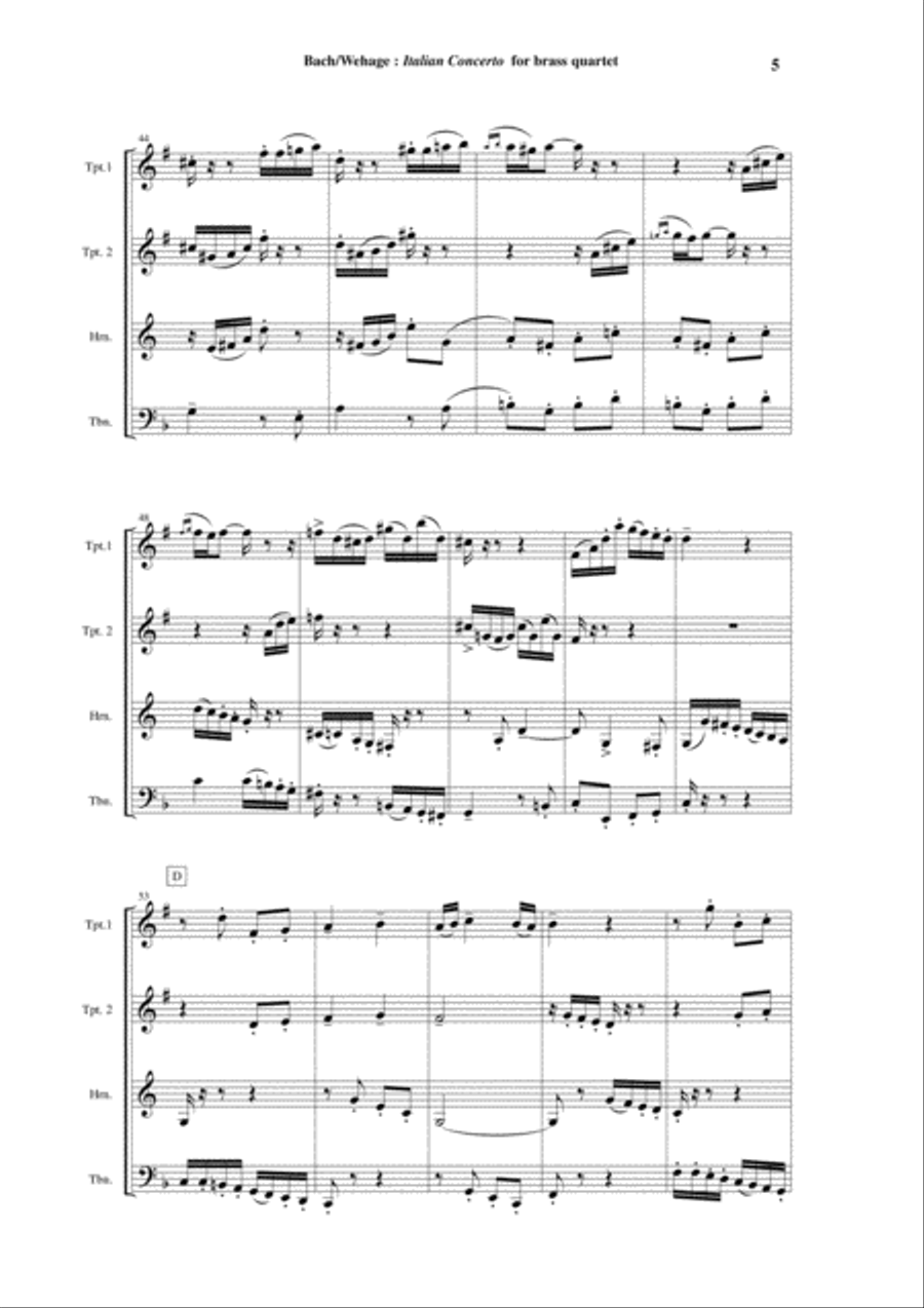 J. S. Bach: Italian Concerto BWV 971, arranged for two Bb trumpets, F horn and trombone or tuba Brass Ensemble scores gallery preview page 5