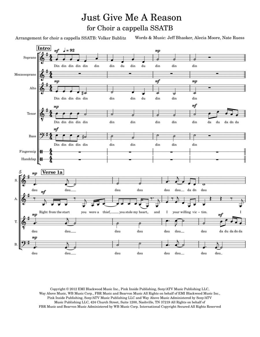 Just Give Me A Reason A Cappella scores gallery preview page 1