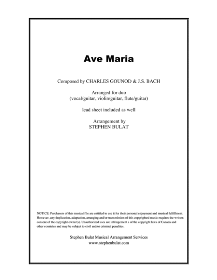 Ave Maria (Bach/Gounod) - arranged for duo (vocal/guitar, violin/guitar, flute/guitar) + lead sheet