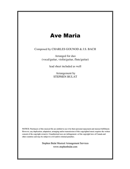 Ave Maria (Bach/Gounod) - arranged for duo (vocal/guitar, violin/guitar, flute/guitar) + lead sheet