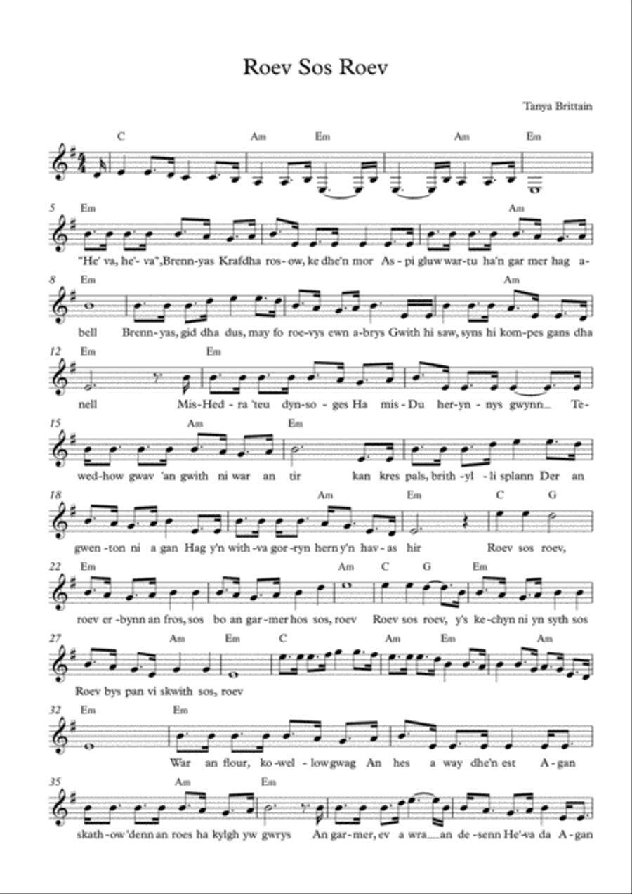 Roev Sos Roev (Cornish) Roev Sos Roev (Cornish) Voice scores gallery preview page 1