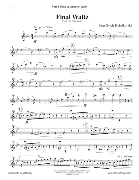 Final Waltz from the Nutcracker for String Quartet or Piano Quintet with optional Violin 3 Part