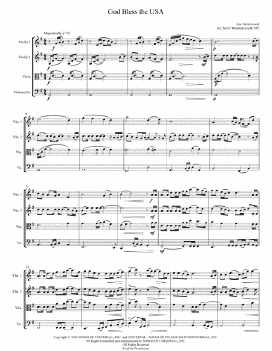 God Bless The U.s.a. String Quartet scores gallery preview page 1