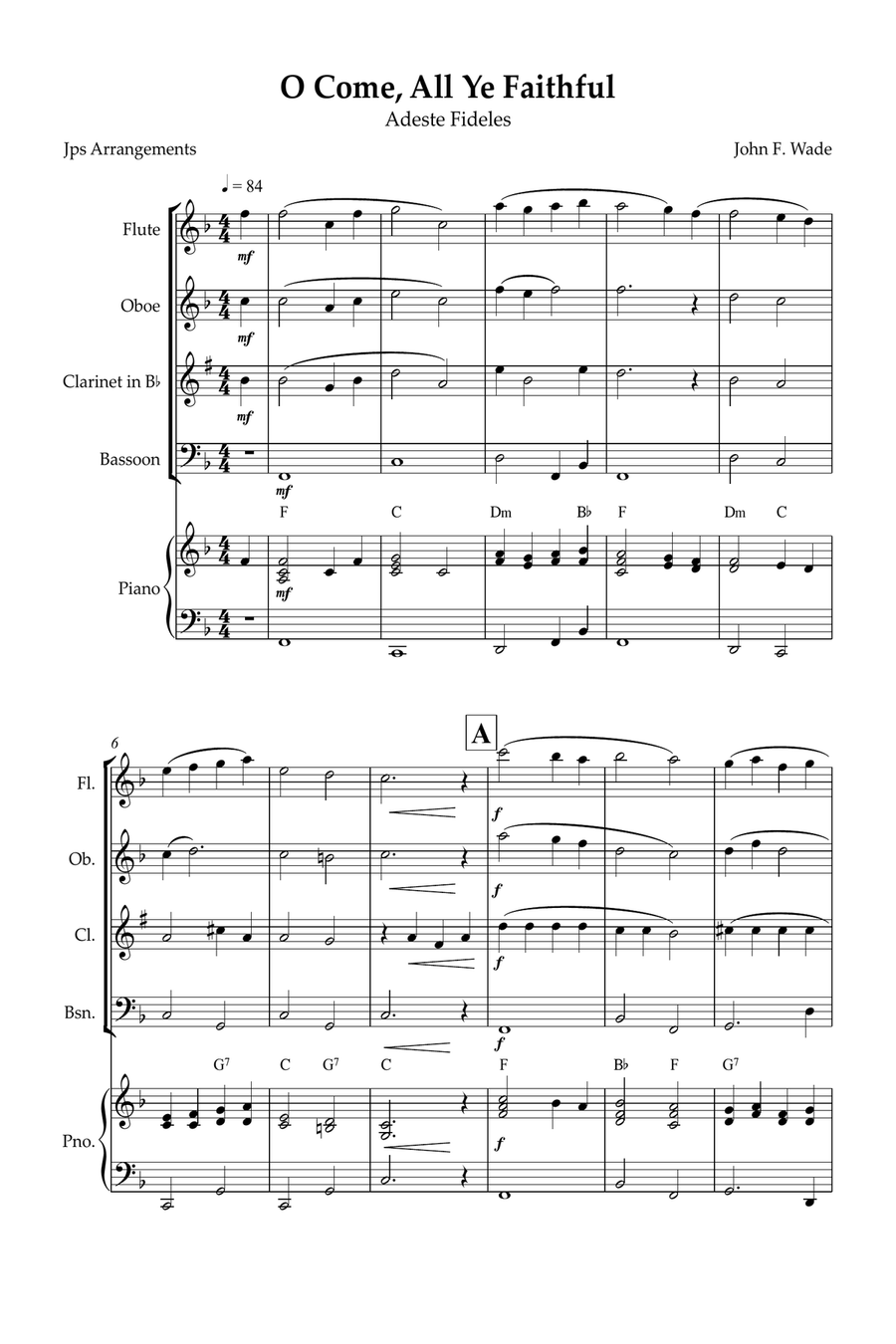 O Come, All Ye Faithful for Woodwind quartet and piano Woodwind Quartet scores gallery preview page 1