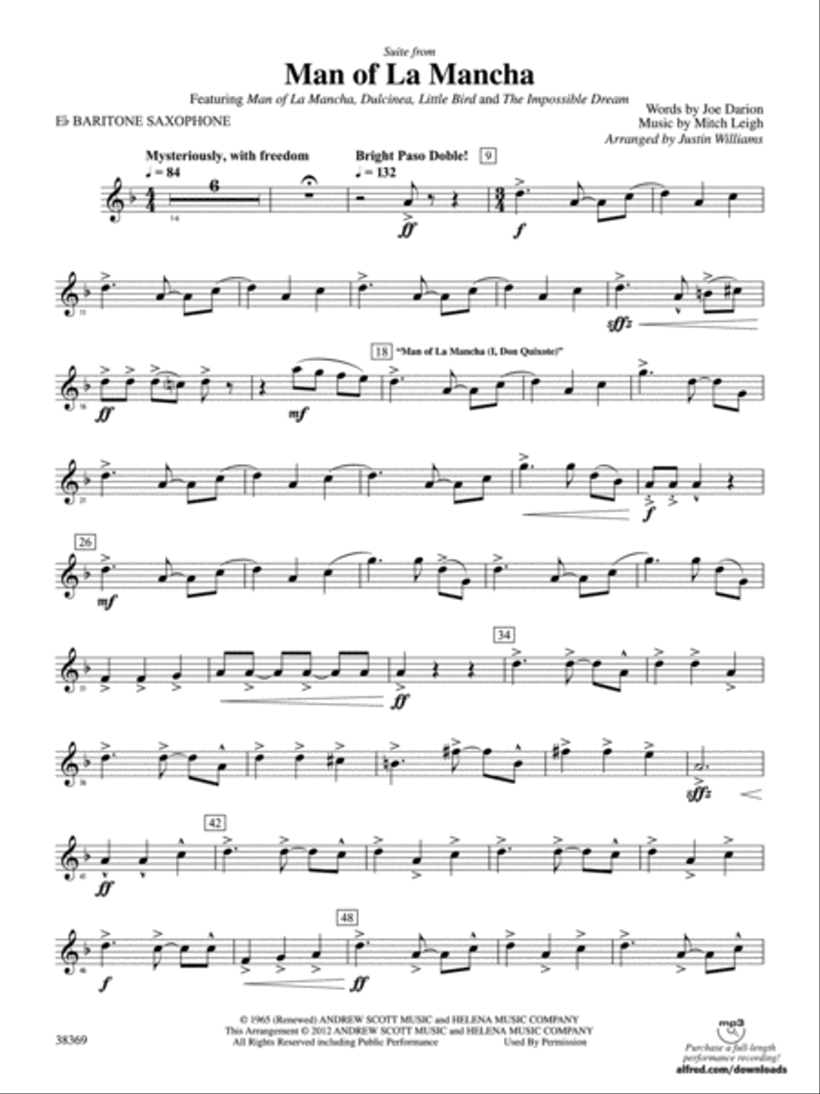 Man of La Mancha: E-flat Baritone Saxophone Concert Band scores gallery preview page 1