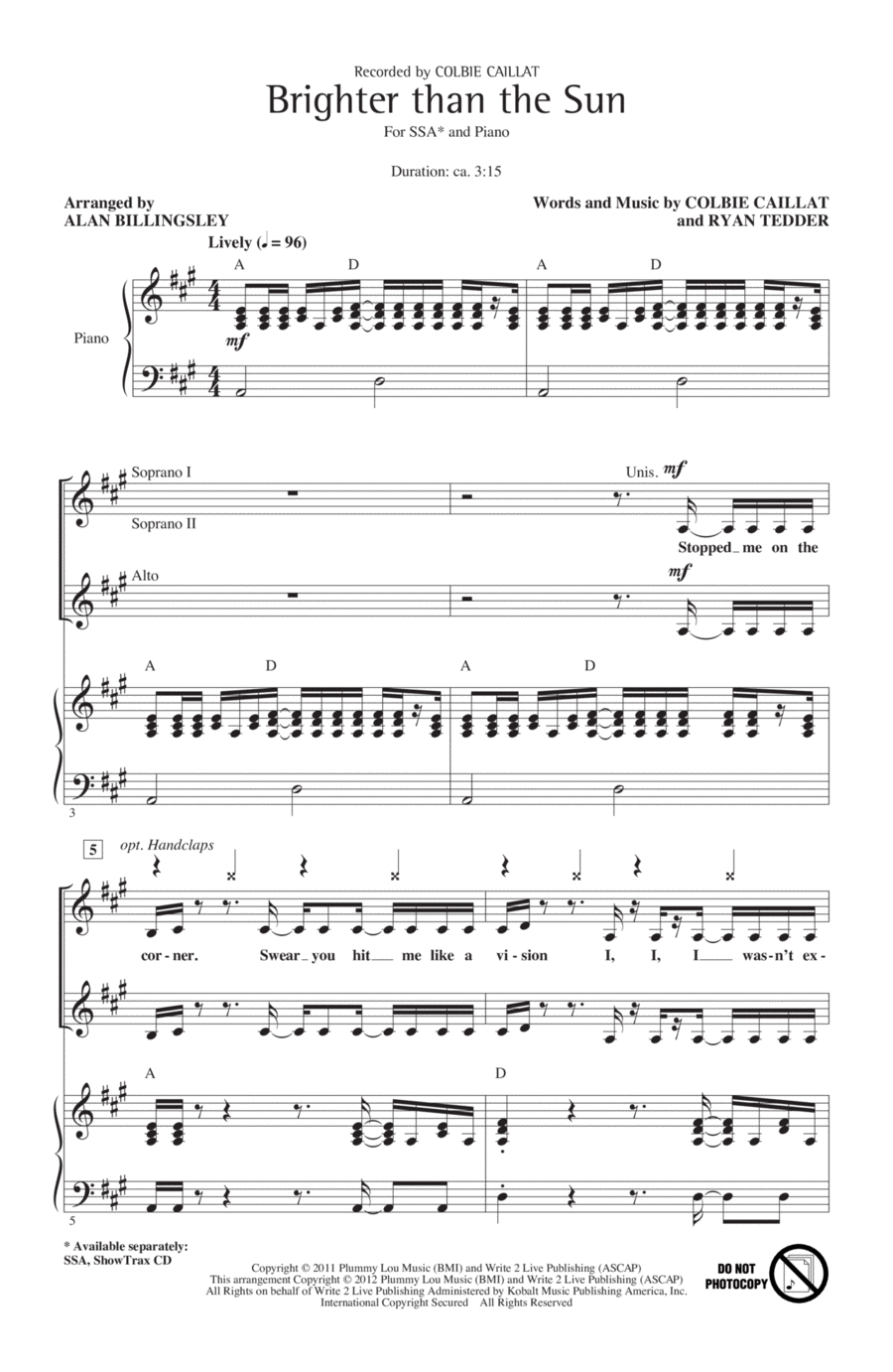 Brighter Than The Sun (arr. Alan Billingsley) SSA scores gallery preview page 1