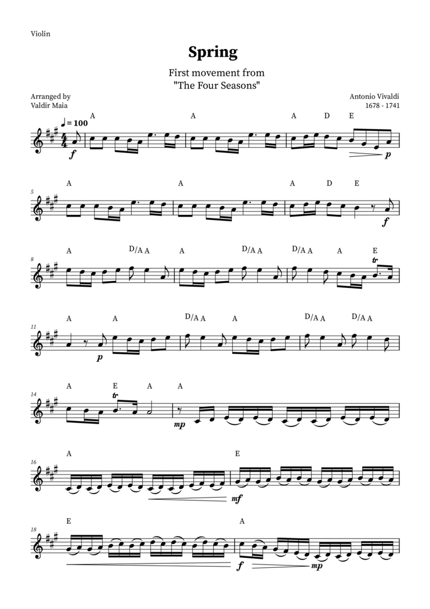 Spring - The Four Seasons for Violin Solo (A Major with chords) image number null