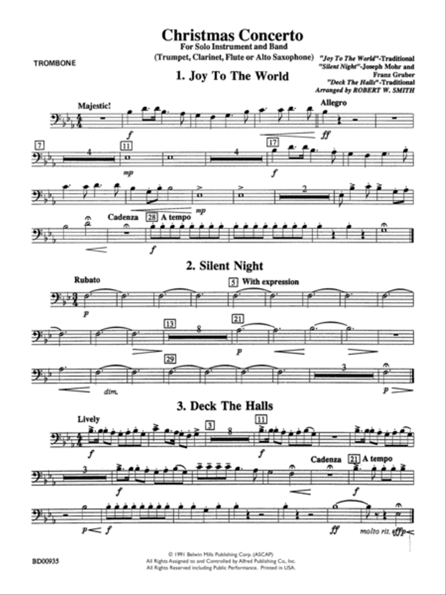 Christmas Concerto (Solo Trumpet, Clarinet, Flute, or Alto Saxophone and Band): 1st Trombone Concert Band scores gallery preview page 1