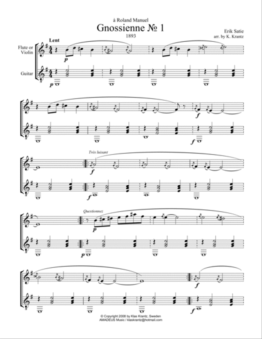 Gnossienne (1,2,3+5) for violin or flute and guitar (Em) Flute scores gallery preview page 2