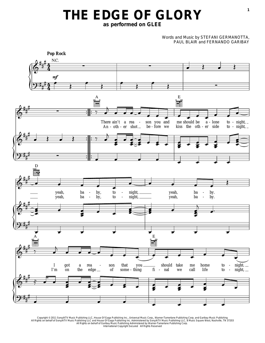 The Edge Of Glory Piano, Vocal, Guitar scores gallery preview page 1