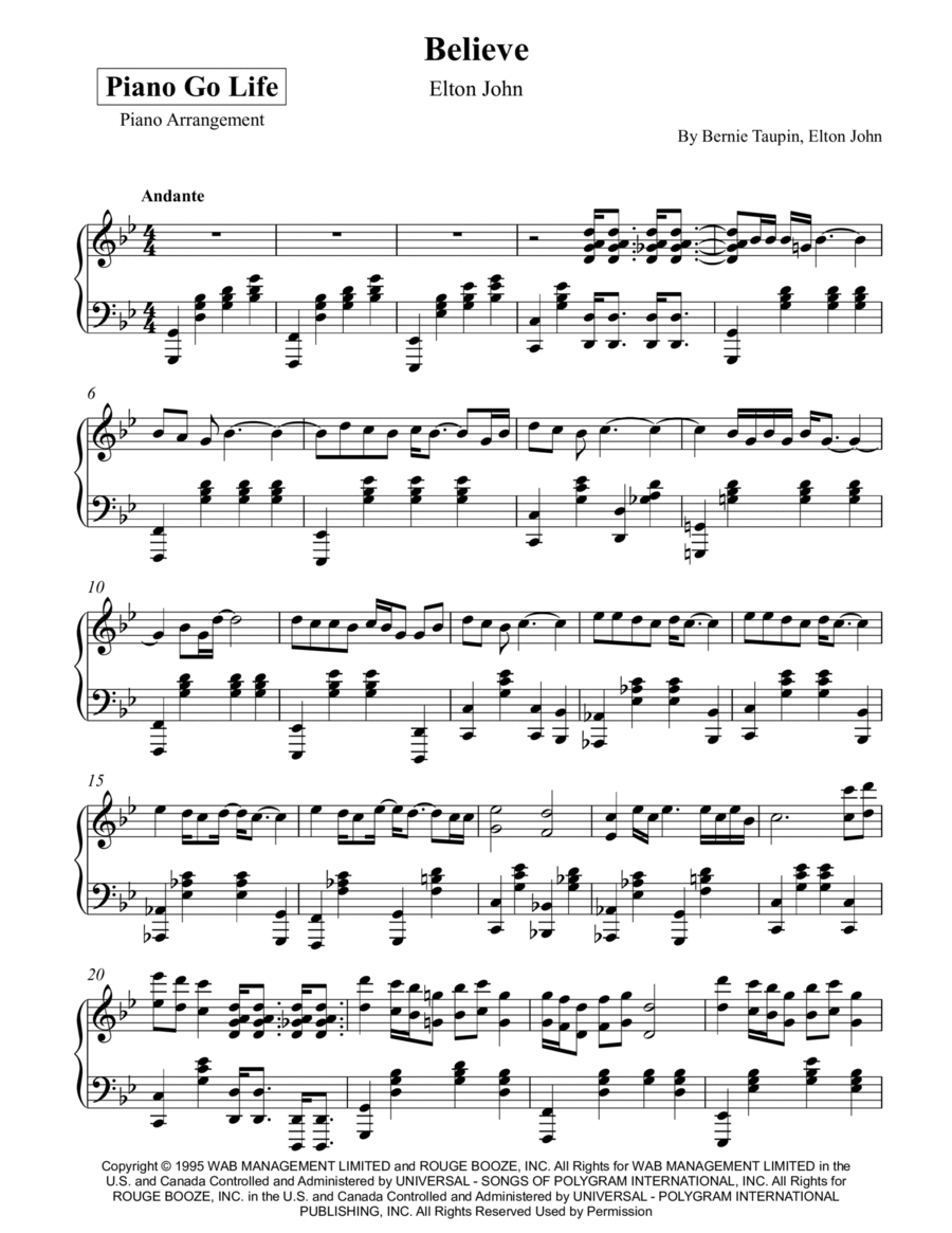 Believe Piano Solo scores gallery preview page 1