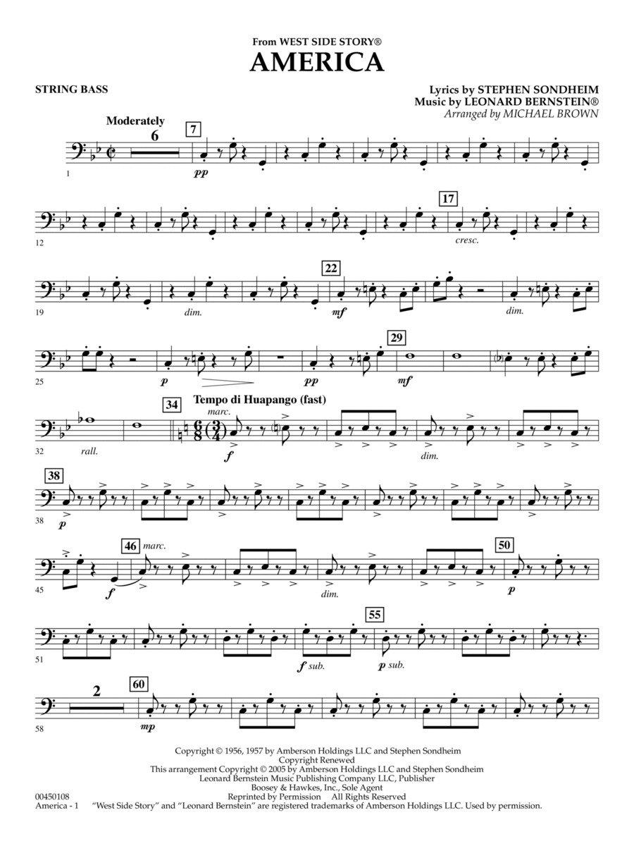 America (from West Side Story) (arr. Michael Brown) - String Bass
